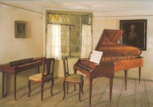 Postkarte: Mozarts Clavichord und Hammerflügel